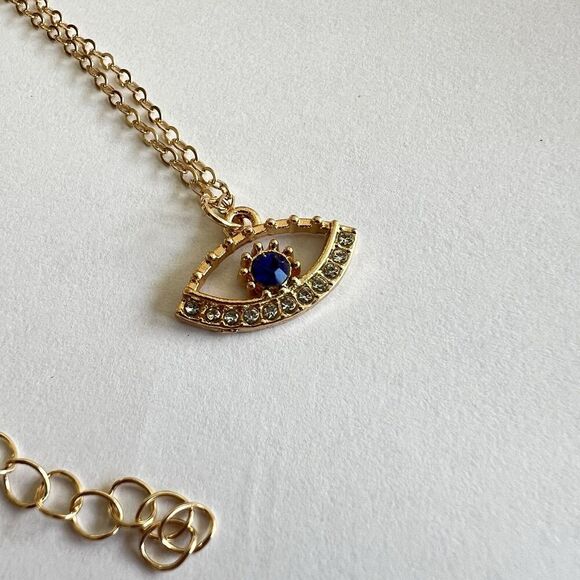 NEW Evil Eye Gold Rhinestone Blue White Necklace 16” chain lobster claw clasp - Picture 7 of 8